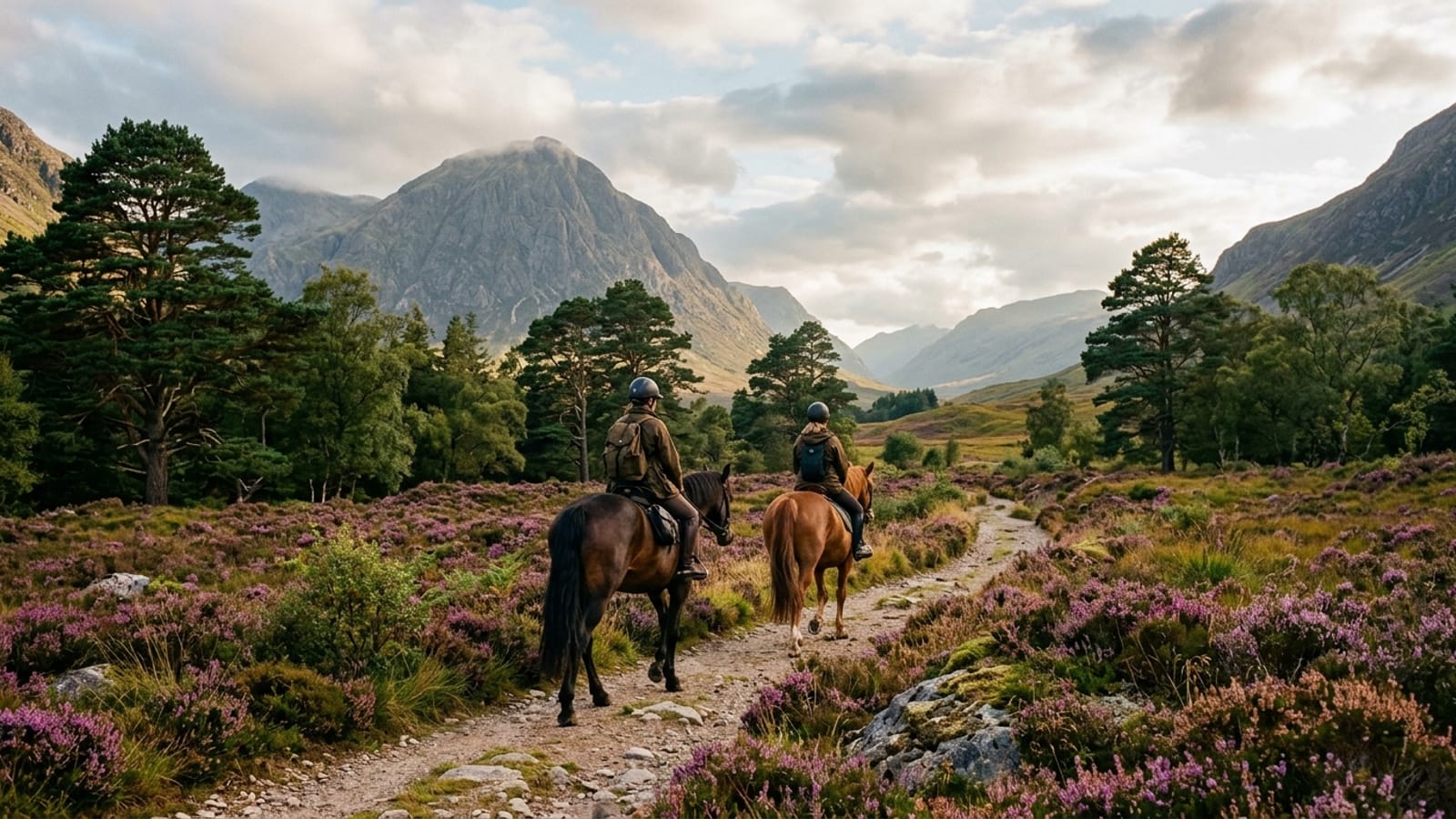 Highland pony rider on a Scottish estate trail through ancient glen