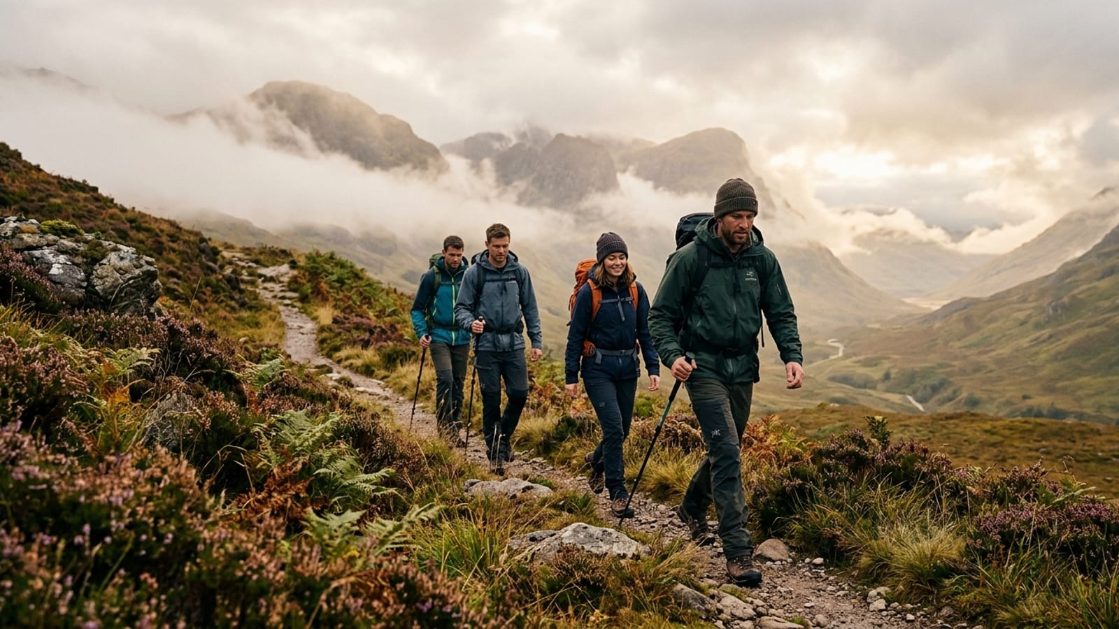 Private guided group walking through a Scottish Highland glen on a personalised adventure
