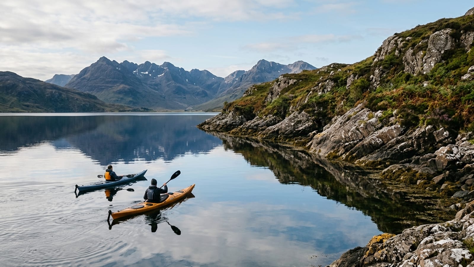 Sea kayaks paddling along a sheltered Scottish west coast sea loch